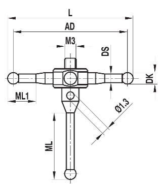 Stylet M3 étoile bille rubis tige acier ø 2 L=32