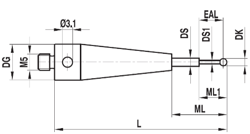 Stylet M5 bille rubis tige carbure ø 0,5 L=30,25