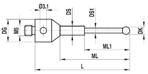 Stylet M5 bille rubis tige carbure ø 1 L=20