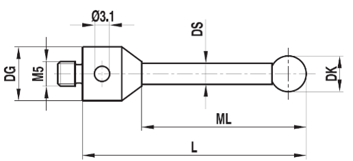 Stylet M5 bille rubis tige acier ø 8 L=63,5