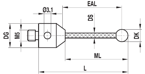 Stylet M5 bille rubis tige carbone ø 5 L=102,5
