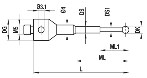 Stylet M5 bille rubis tige carbure ø 0,3 L=32