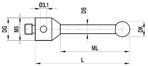 Stylet M5 bille rubis tige carbure ø 5 L=75
