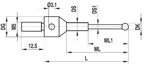 Stylet M5 (filetage long 12,5mm) bille rubis tige carbure ø 1 L=22,5