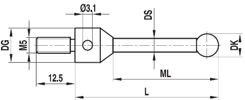 [516006] Stylet M5 (filetage long 12,5mm) bille rubis tige carbure ø 1,35 L=32,85