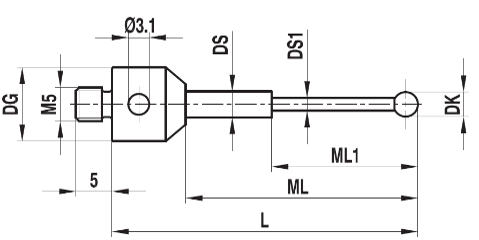 [517005] Stylet M5 (filetage long 5mm) bille rubis tige carbure ø 1 L=22,5