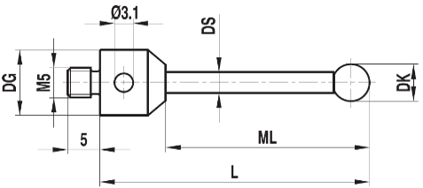 [517011] Stylet M5 (filetage long 5mm) bille rubis tige carbure ø 2,5 L=34