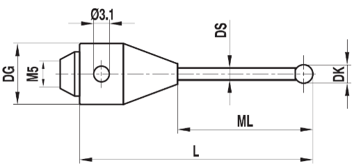Stylet M5 avec base conique bille rubis tige carbure ø 3 L=115